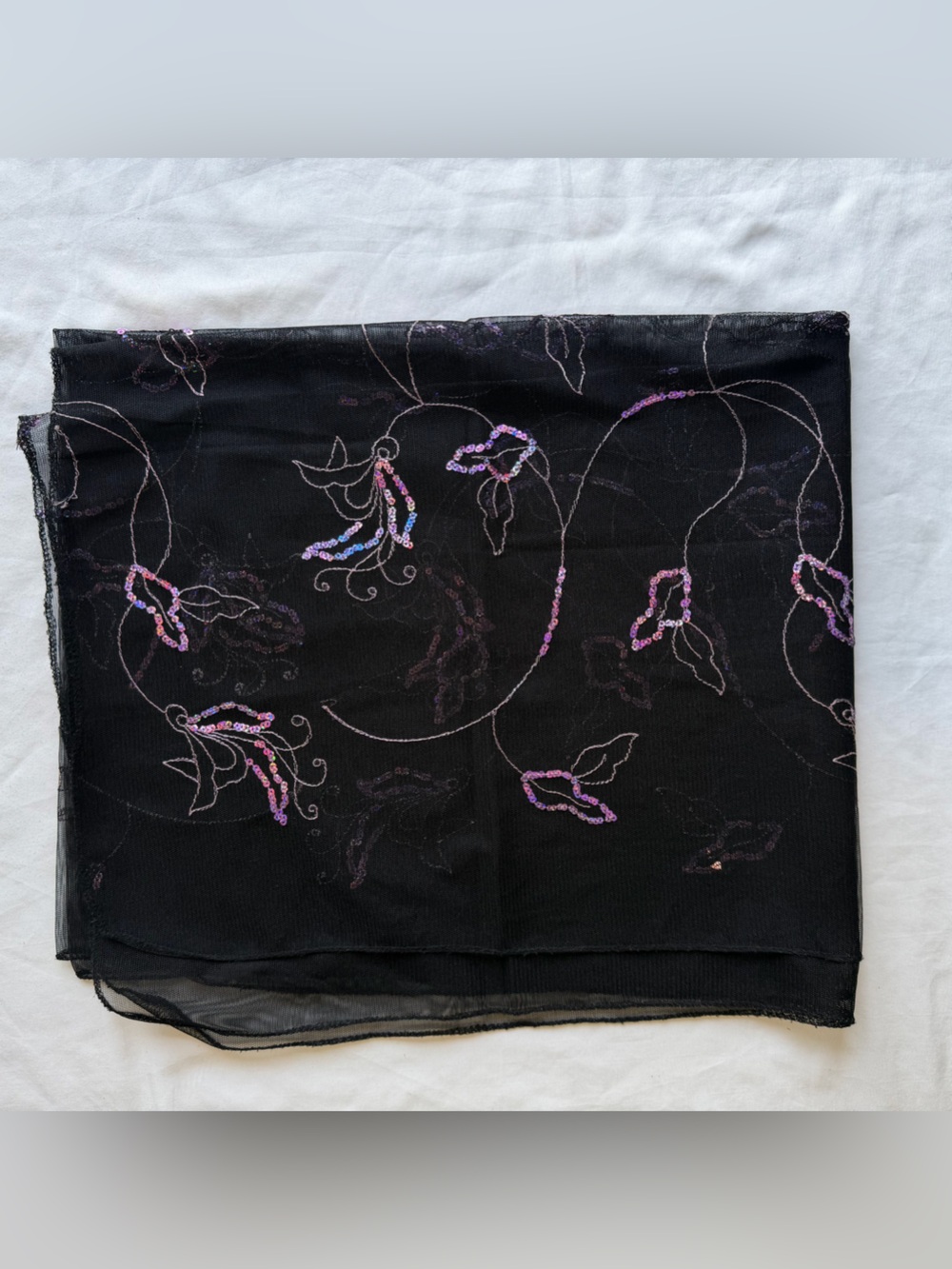 Black Sheer Scarf with Pink and Purple Sequin Floral Accents